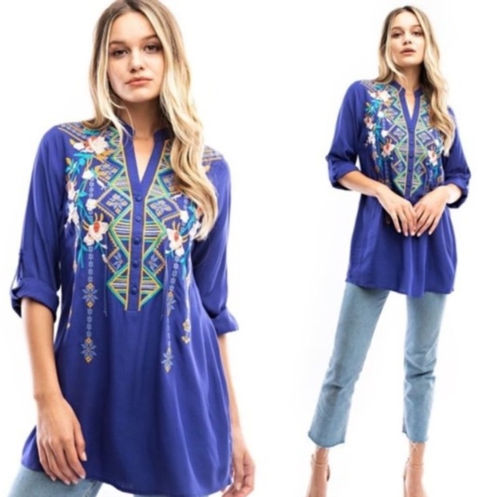 Anthropologie Luna Moon Embroidered Cobalt Blue Tunic Blouse S Floral Festival